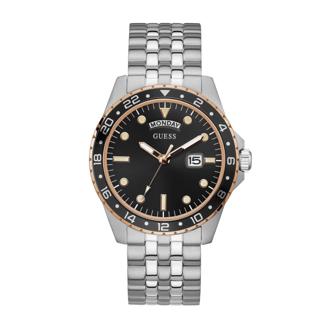 Guess watch with black dial and silver bracelet on a white background