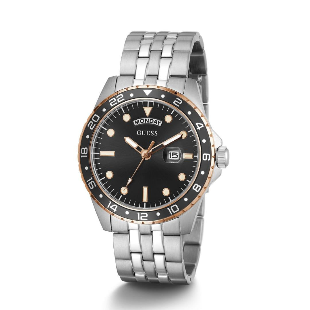 Silver watch with black face on a white background