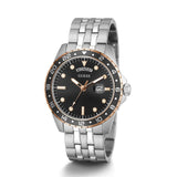 Silver watch with black face on a white background