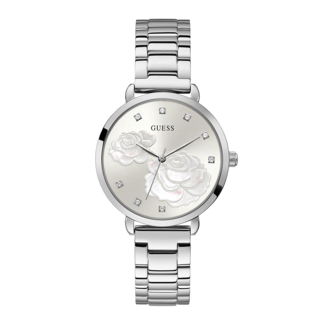 Silver watch with floral design on a white background