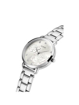 Silver watch with floral design on the dial against a white background