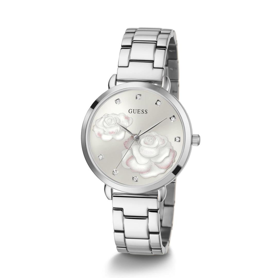 Silver watch with floral design on a white background