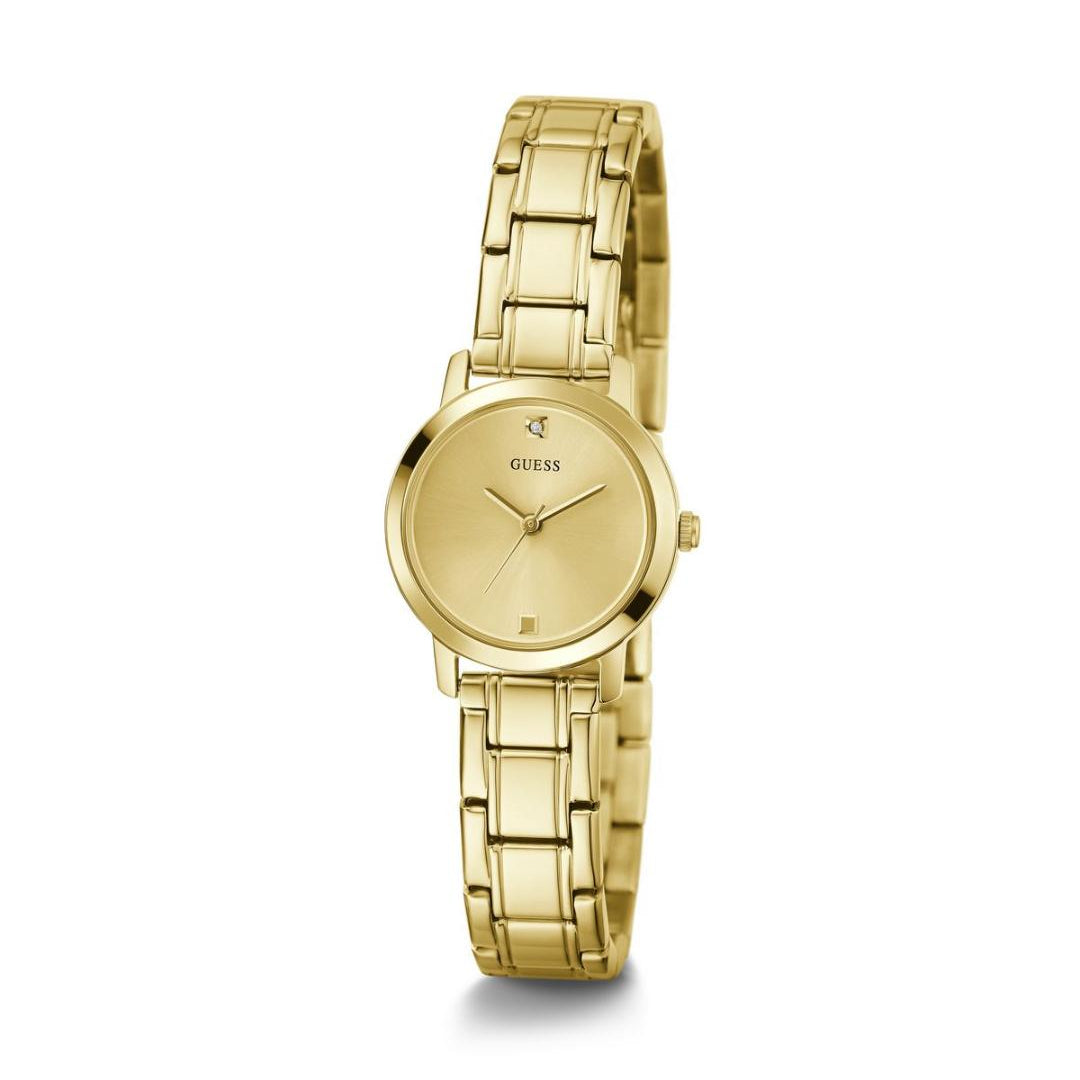 Gold watch with a visible brand logo on a white background