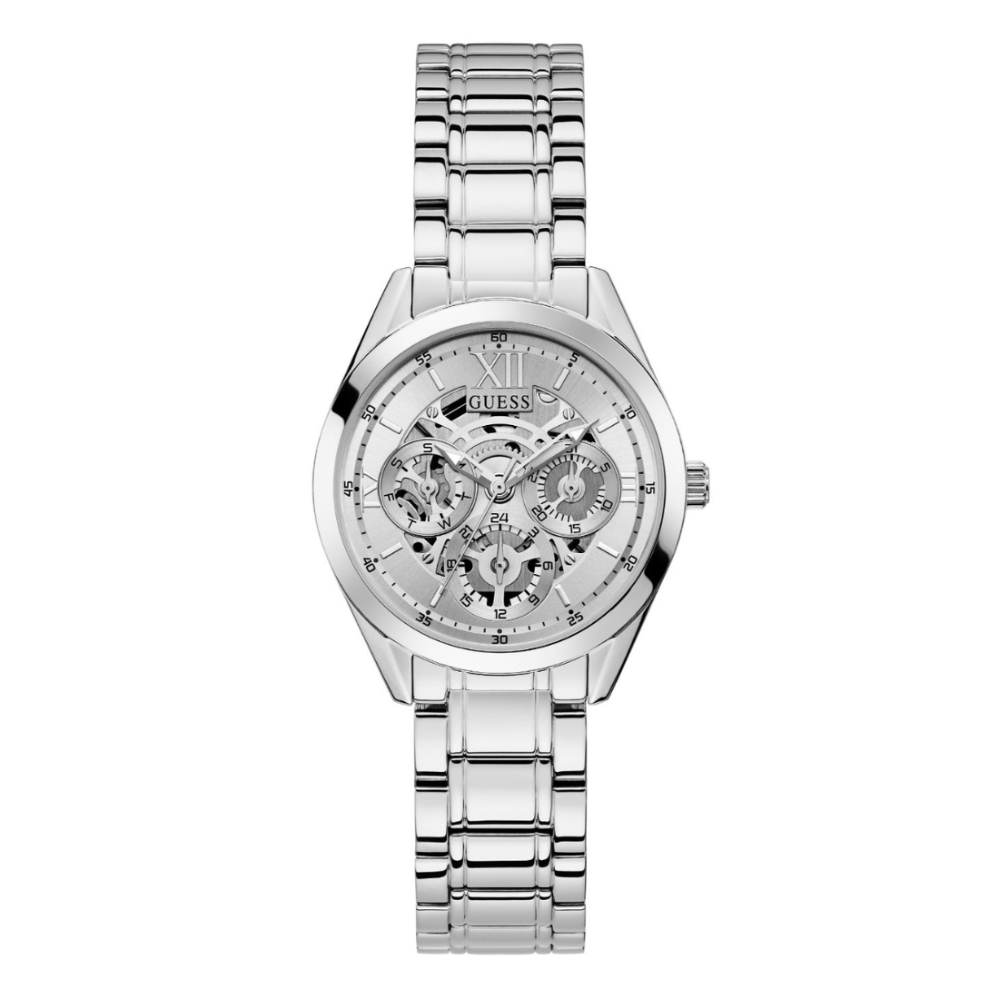 A silver Guess ladies dress watch with an analog display and a stainless steel bracelet.