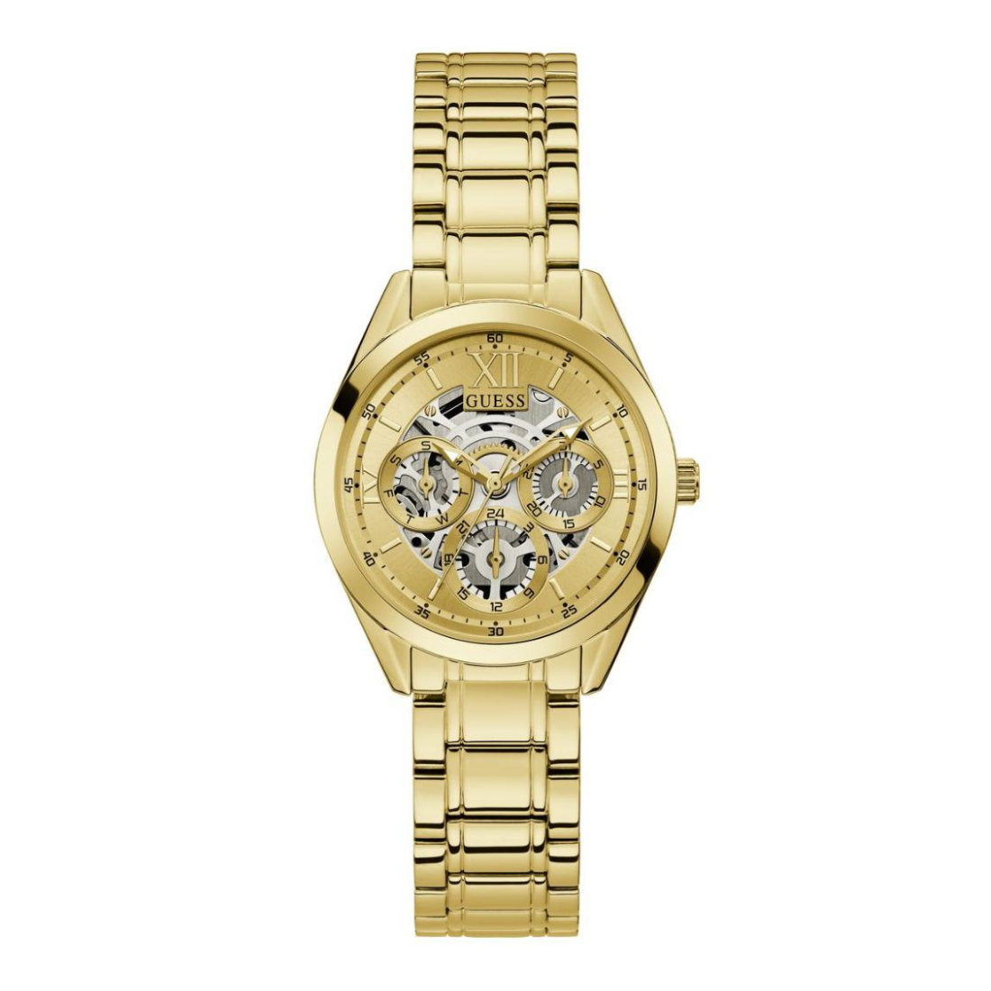 Gold wristwatch with visible brand on a white background