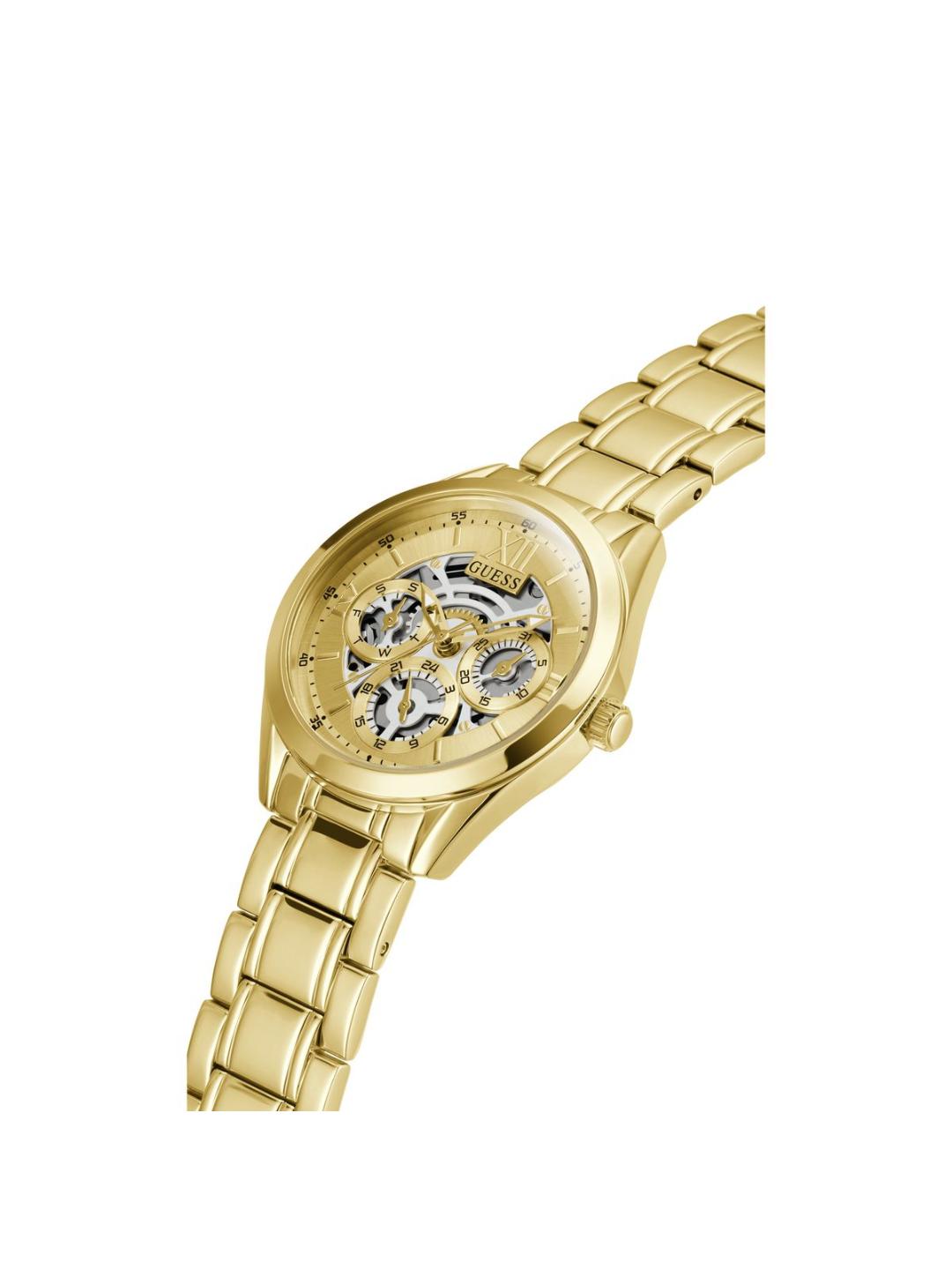 Gold wristwatch with a detailed face on a white background