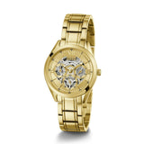 Gold wristwatch with a visible brand logo on a white background