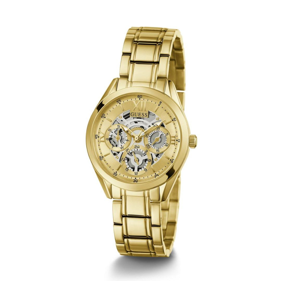 Gold wristwatch with a visible brand logo on a white background