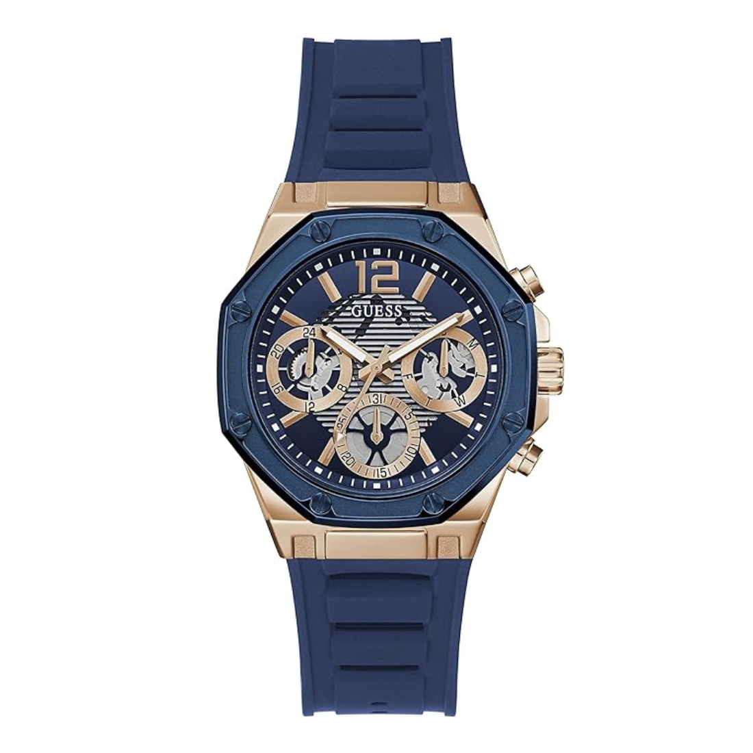 A Guess men's chronograph watch featuring a blue silicone strap, a blue dial with gold-tone subdials and markers, and a gold-tone octagonal case.