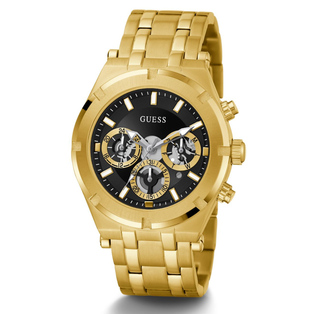 Guess Men 44 mm Quartz Multifunction Analog Black Dial Gold Stainless Steel Strap Watch GW0260G2