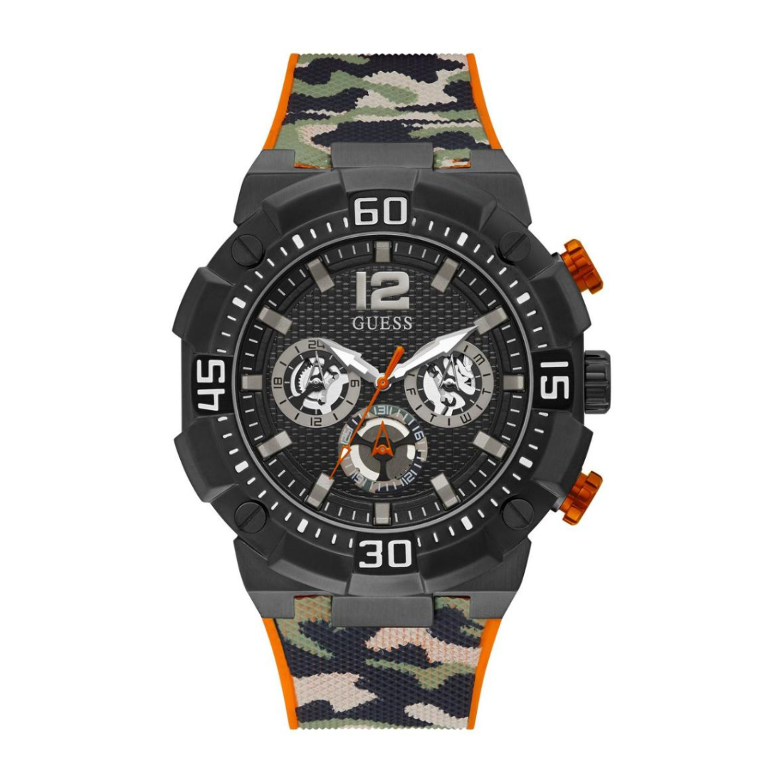 Wristwatch with camouflage strap and black dial on a white background
