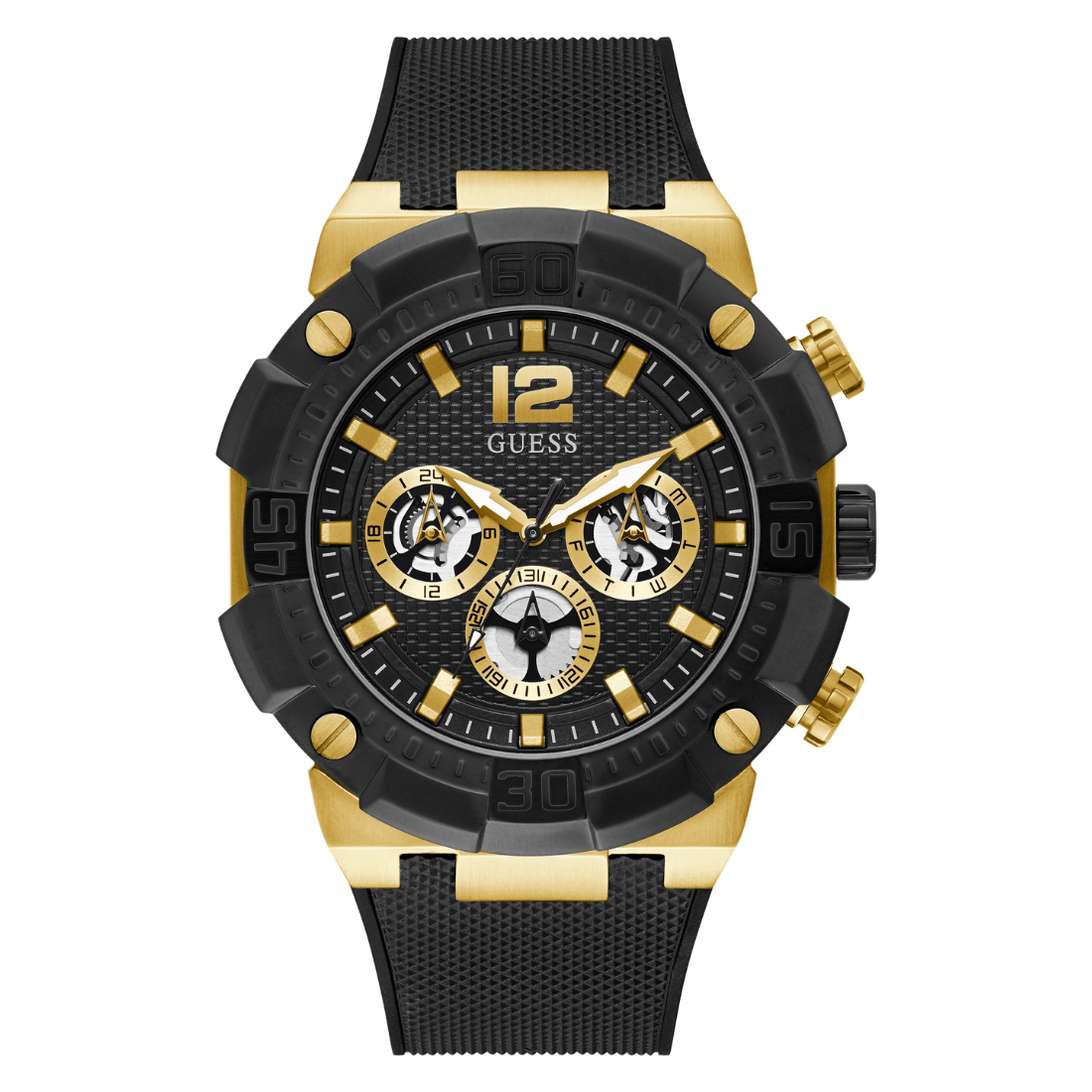 A Guess brand analog men's watch with a black dial, gold case, and a silicone strap.