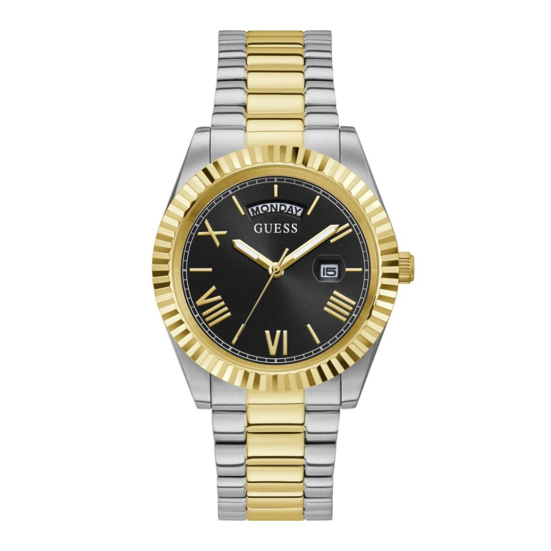 Two-tone gold and silver watch with black dial on a white background