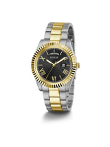 Two-tone watch with gold and silver band on a white background