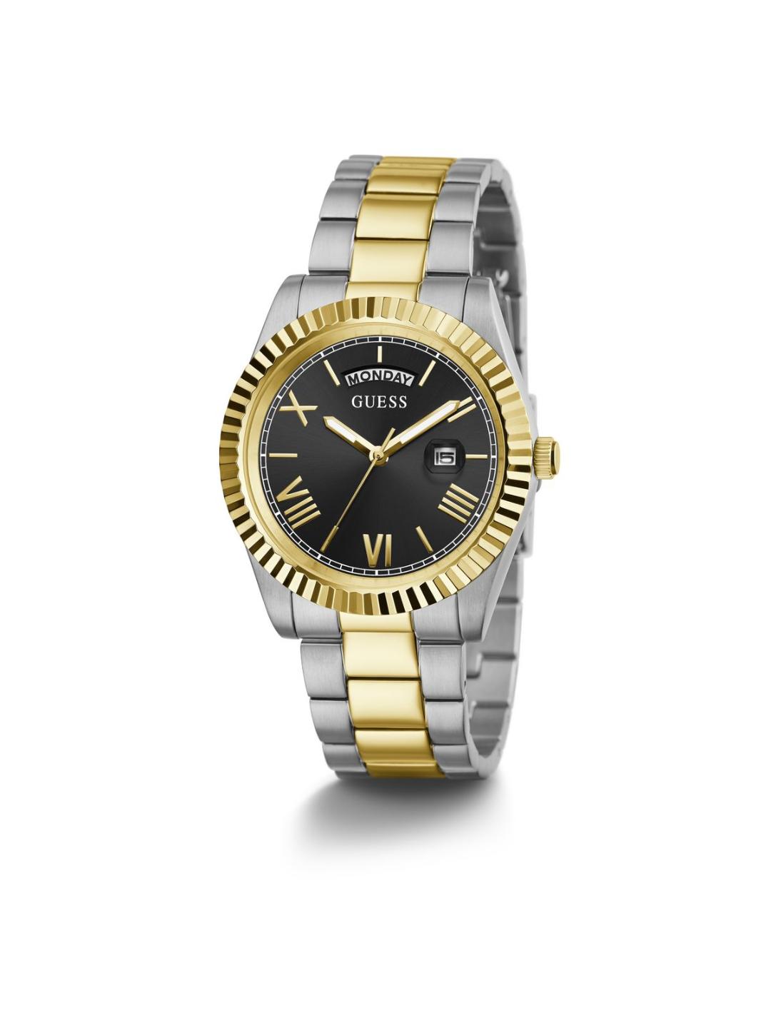 Two-tone watch with gold and silver band on a white background