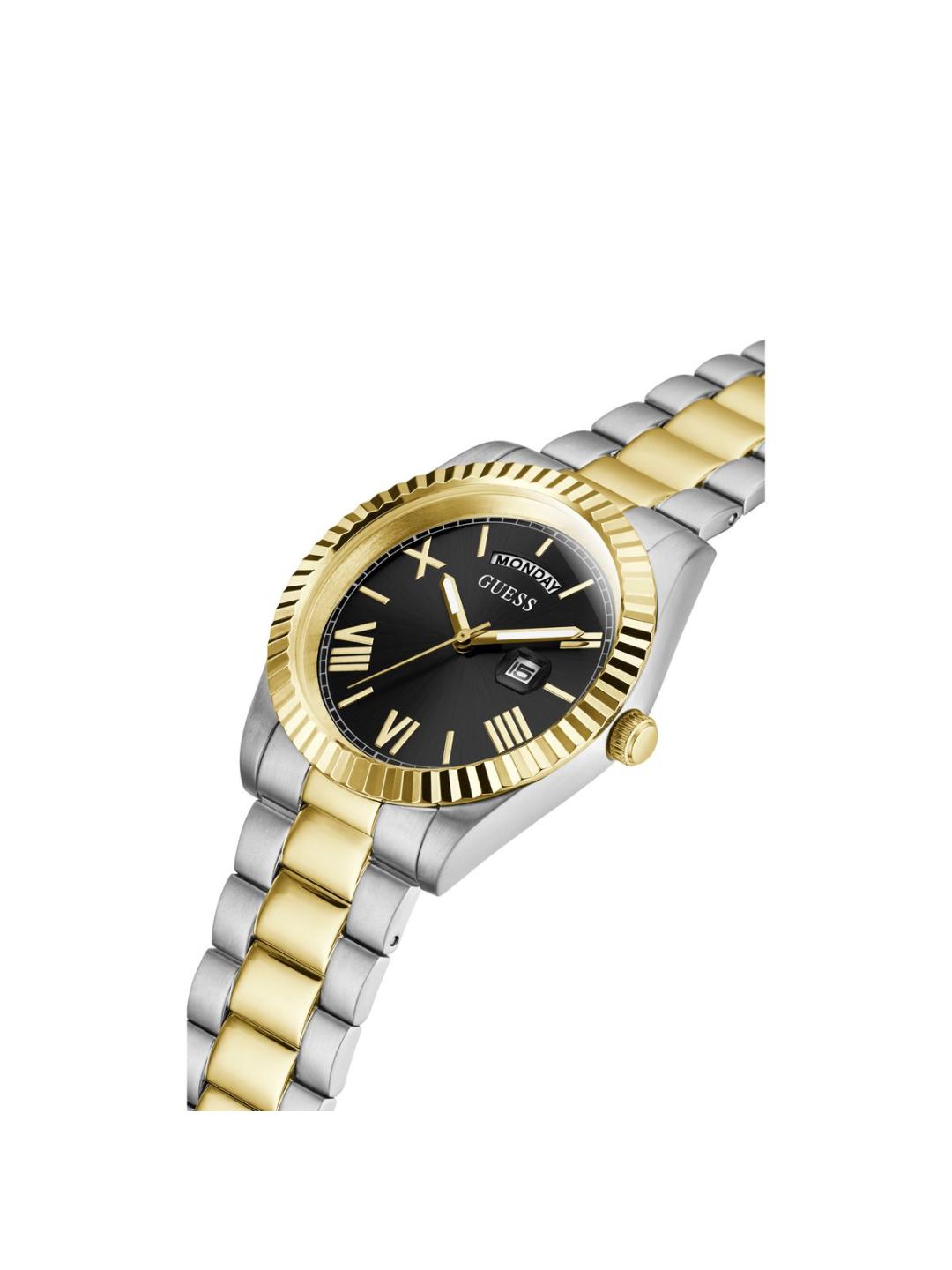 Two-tone gold and silver watch with black dial on a white background