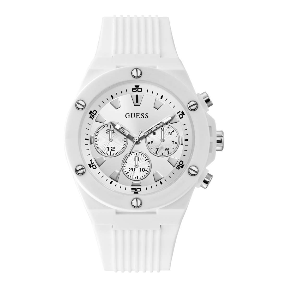 A white Guess chronograph watch with a matching white textured silicone strap, featuring a multi-dial face with silver-tone details.