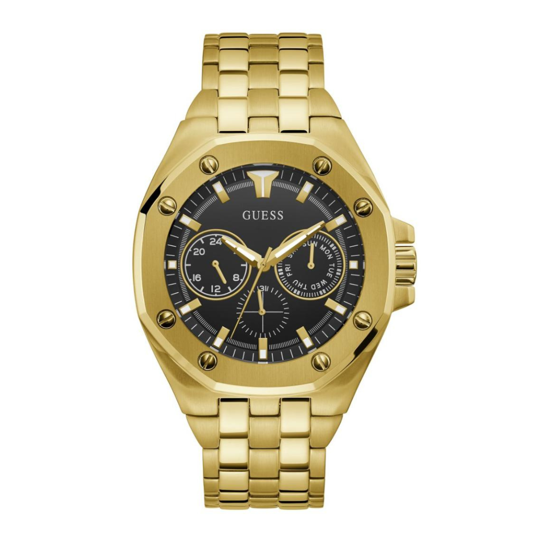 Gold wristwatch with black dial on a white background