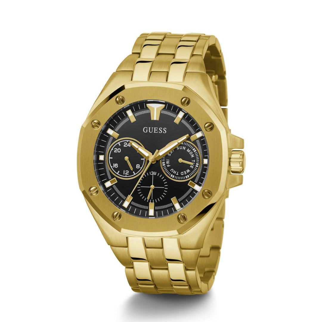 Gold watch with black face on a white background