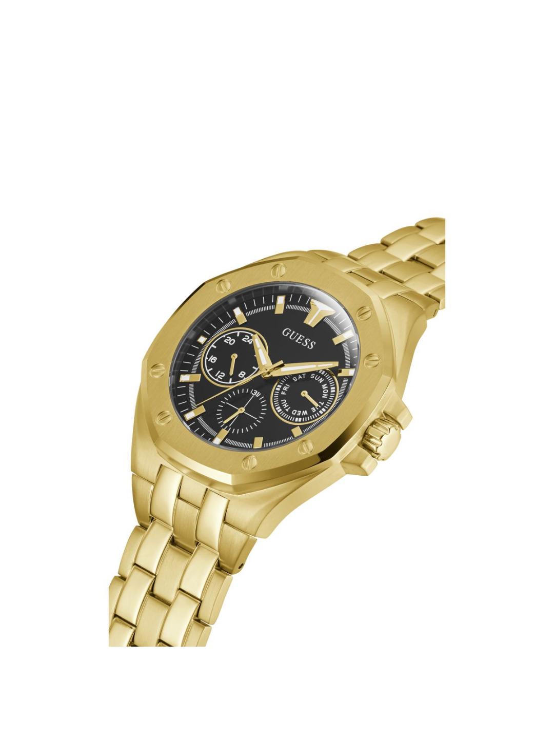 Gold wristwatch with a black face on a white background