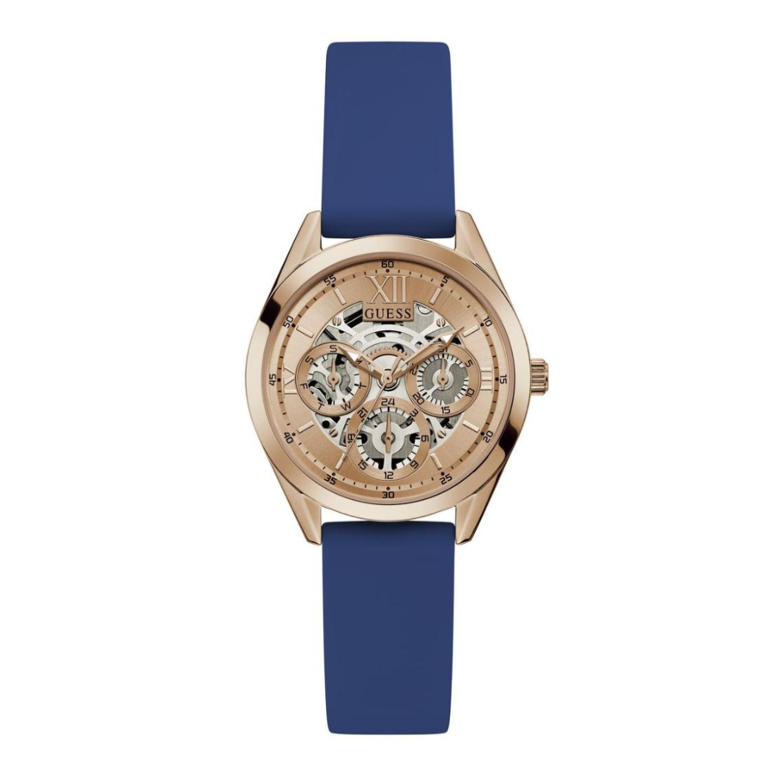Watch with rose gold case and blue strap on a white background