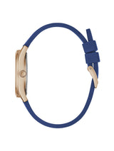 Wristwatch with blue strap and gold case on a white background