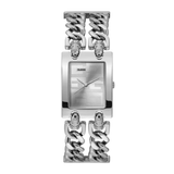 Silver watch with chain-like design on a white background