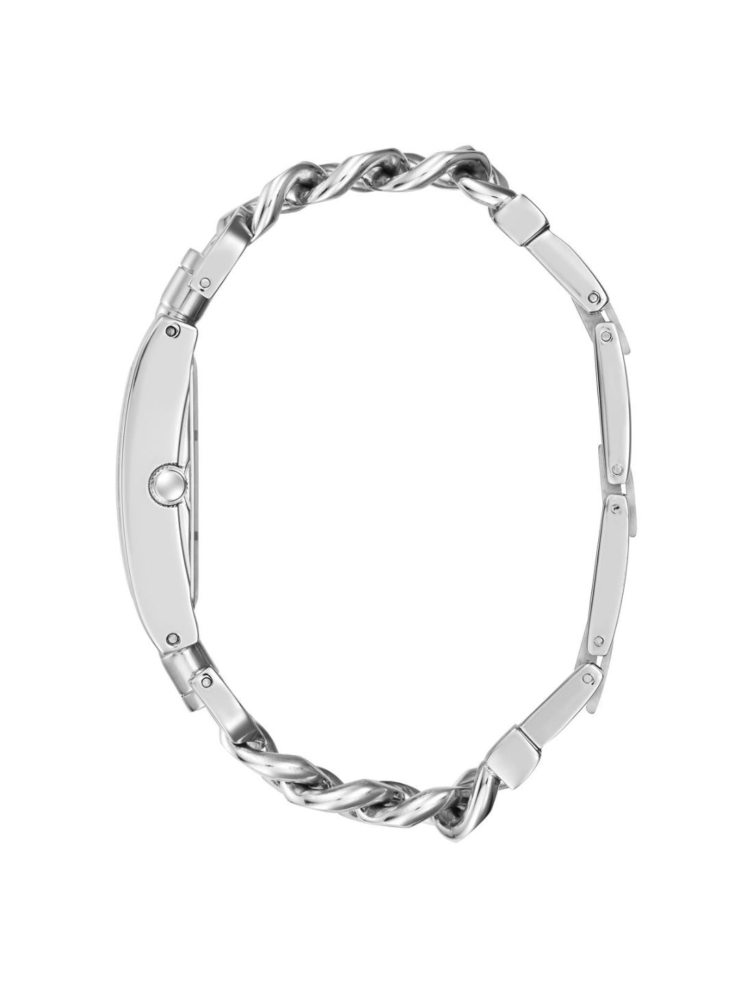 Silver bracelet with a twisted design on a white background