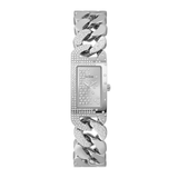 Silver watch with decorative band on a white background