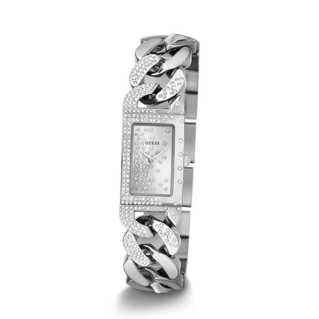 Silver watch with decorative band on a white background