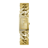 Gold wristwatch with decorative band on a white background