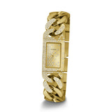 Gold wristwatch with decorative band on a white background