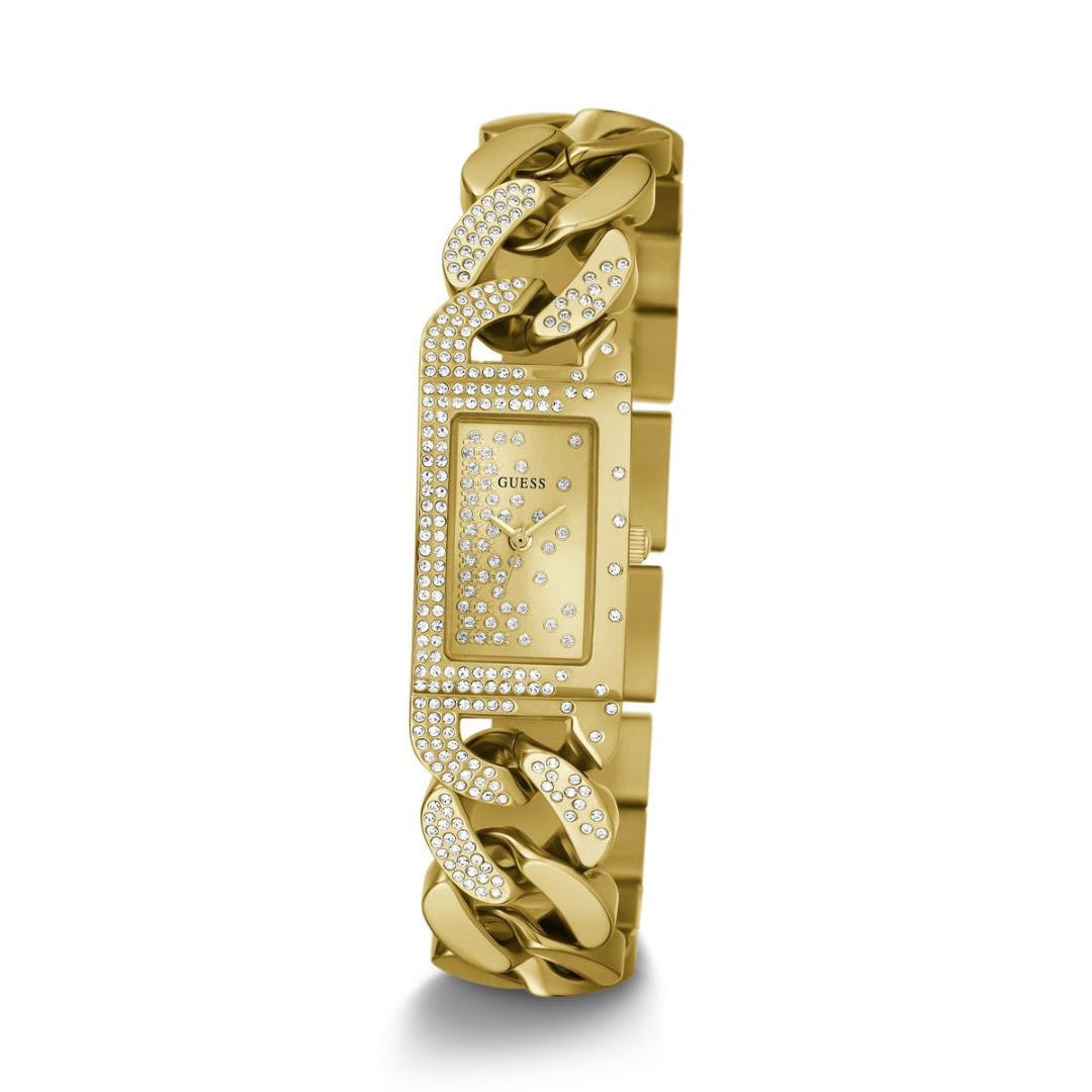 Gold wristwatch with decorative band on a white background