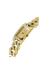 Gold wristwatch with chain link design on a white background