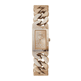 Gold watch with decorative band on a white background