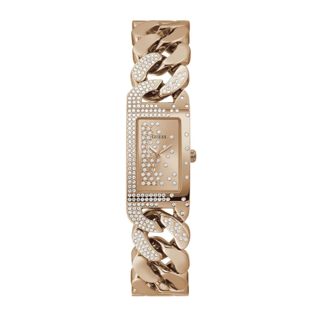Gold watch with decorative band on a white background