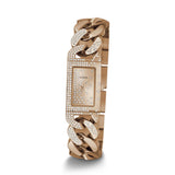 Gold wristwatch with decorative band on a white background