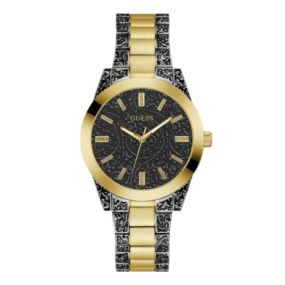 Gold and black patterned watch with a white background
