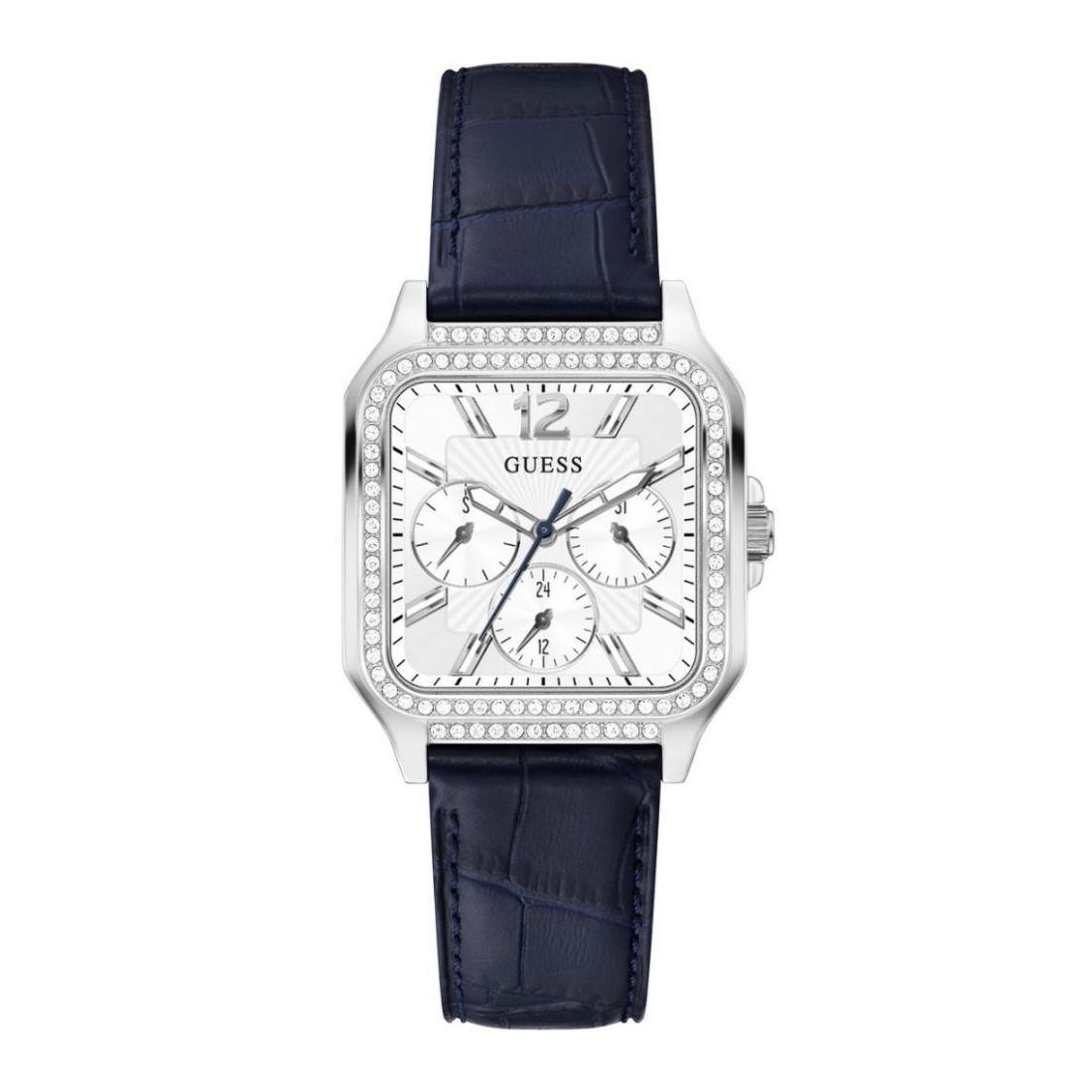 Guess watch with blue strap and silver case on a white background