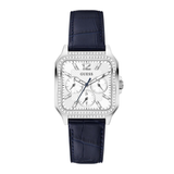 Guess watch with blue strap and silver case on a white background