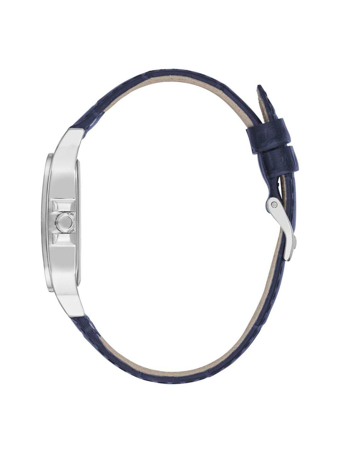 Wristwatch with blue strap and silver case on a white background