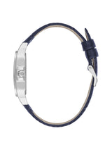 Wristwatch with blue strap and silver case on a white background