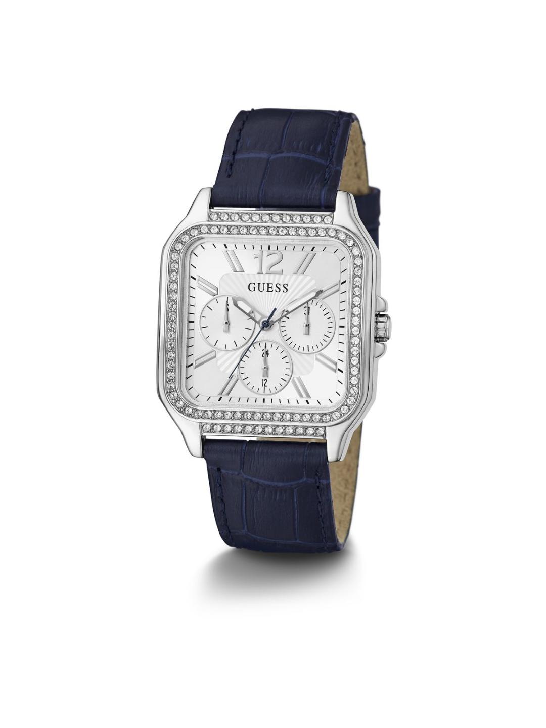 Guess watch with blue strap and silver case on white background
