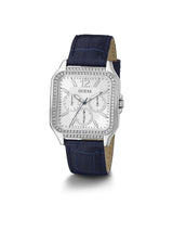 Guess watch with blue strap and silver case on white background