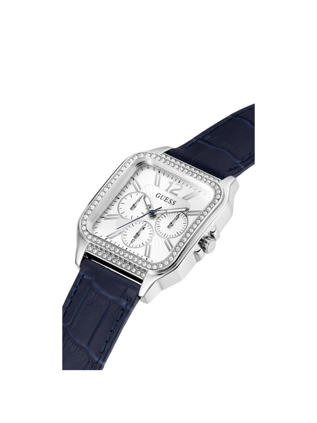 Guess watch with blue strap and silver case on white background