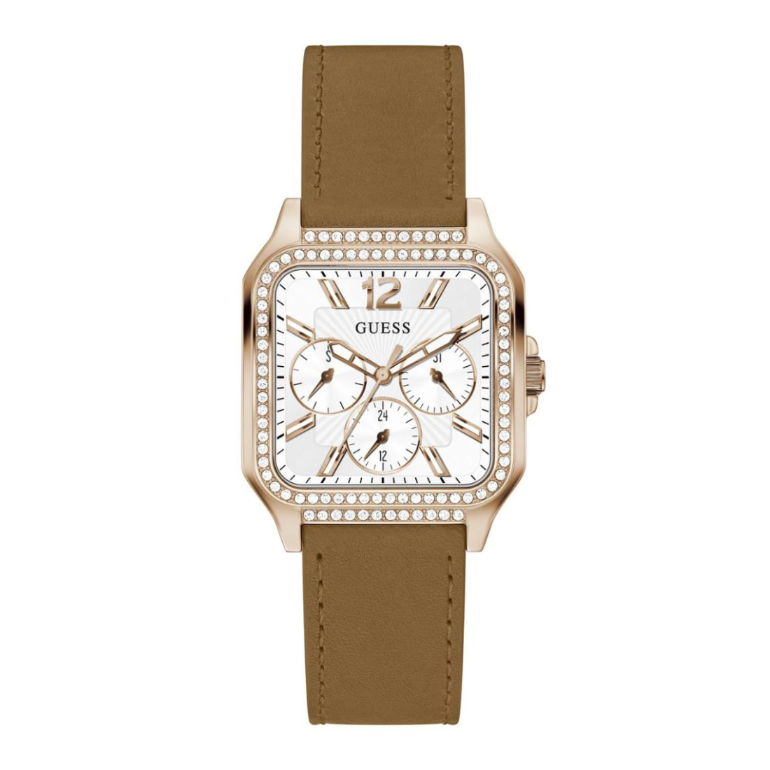 Guess watch with brown leather strap and rose gold case on white background