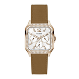 Guess watch with brown leather strap and rose gold case on white background