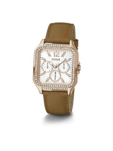 Guess watch with brown leather strap and rose gold case on white background