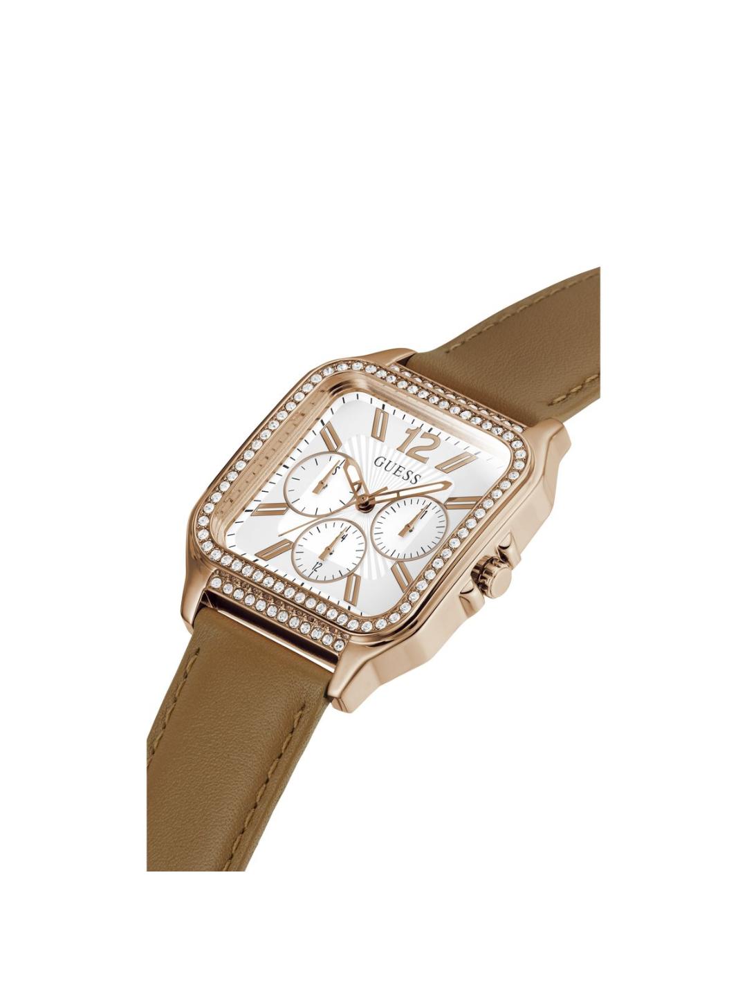 Guess watch with rose gold case and brown leather strap on a white background