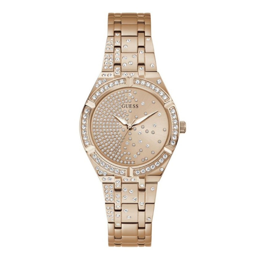 Rose gold watch with crystal embellishments on a white background